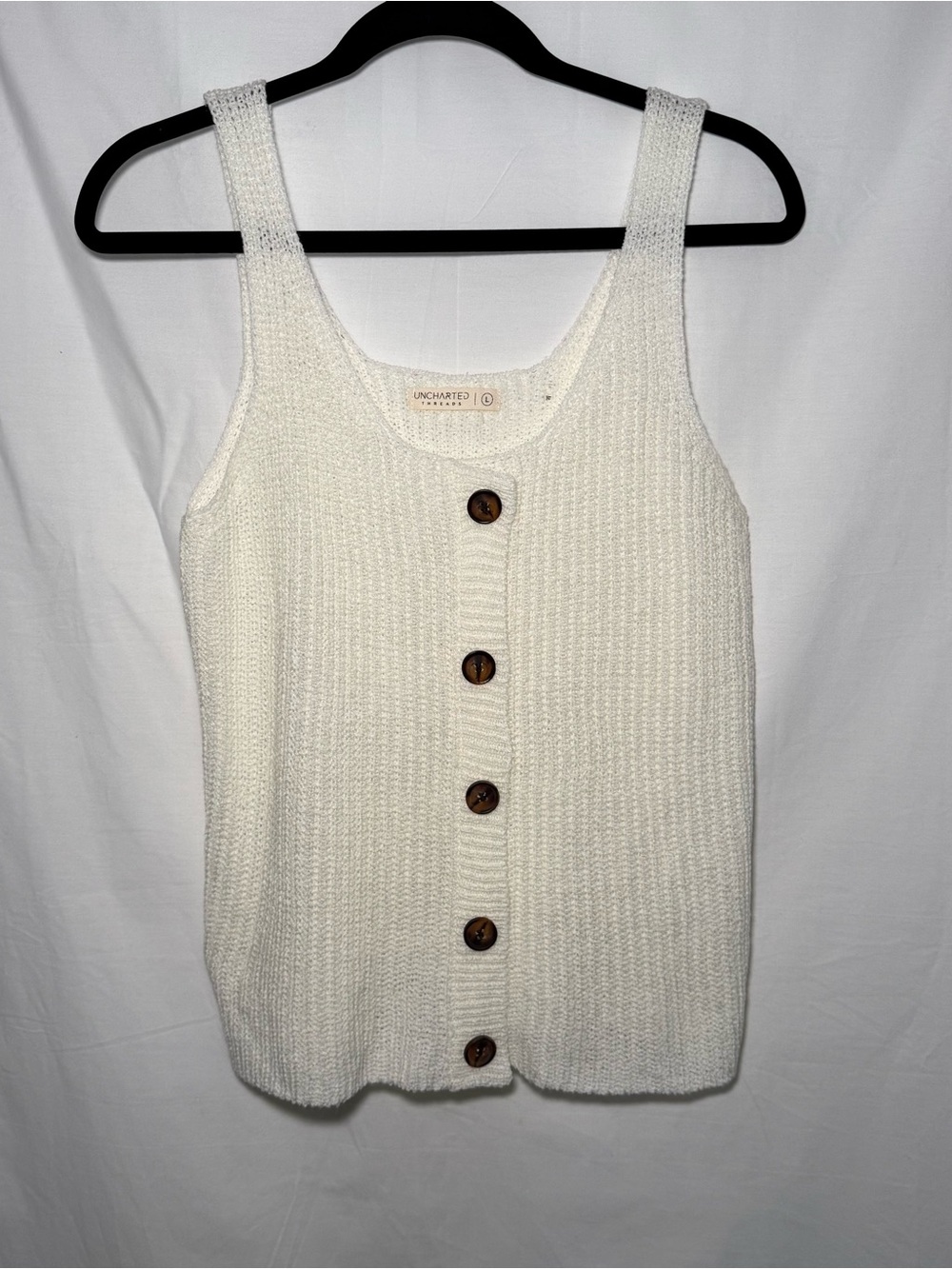 White Ribbed Knit Sweater Tank Top Faux Button Scoop Neck Size L